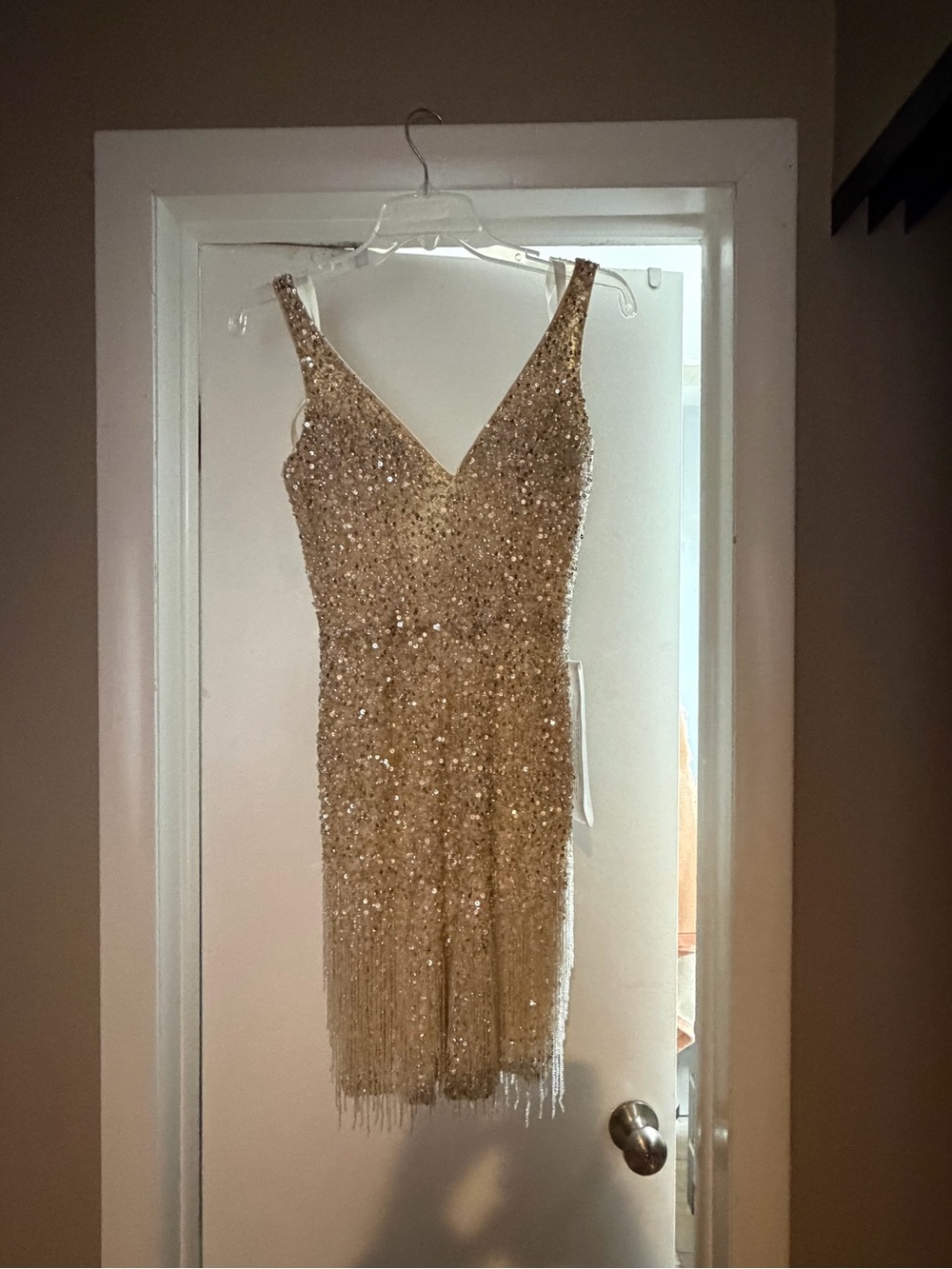 Mac Duggal Sequin and Bugle V-Neck Beaded Fringe Mini Dress